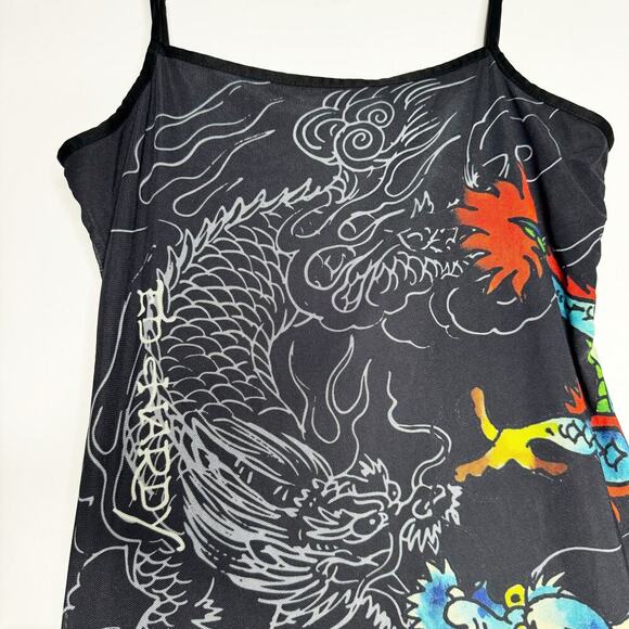 Ed Hardy Vintage Mesh Mini Dress in Black Tattoo Dragon Print Size Large - Picture 3 of 8